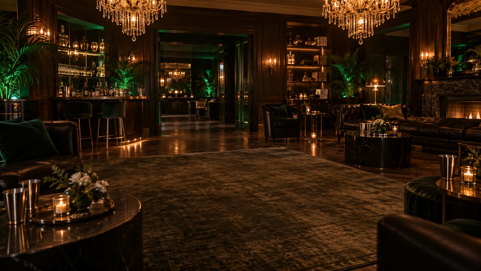 A cinematic lounge with chandeliers, warm candlelight and a party atmosphere